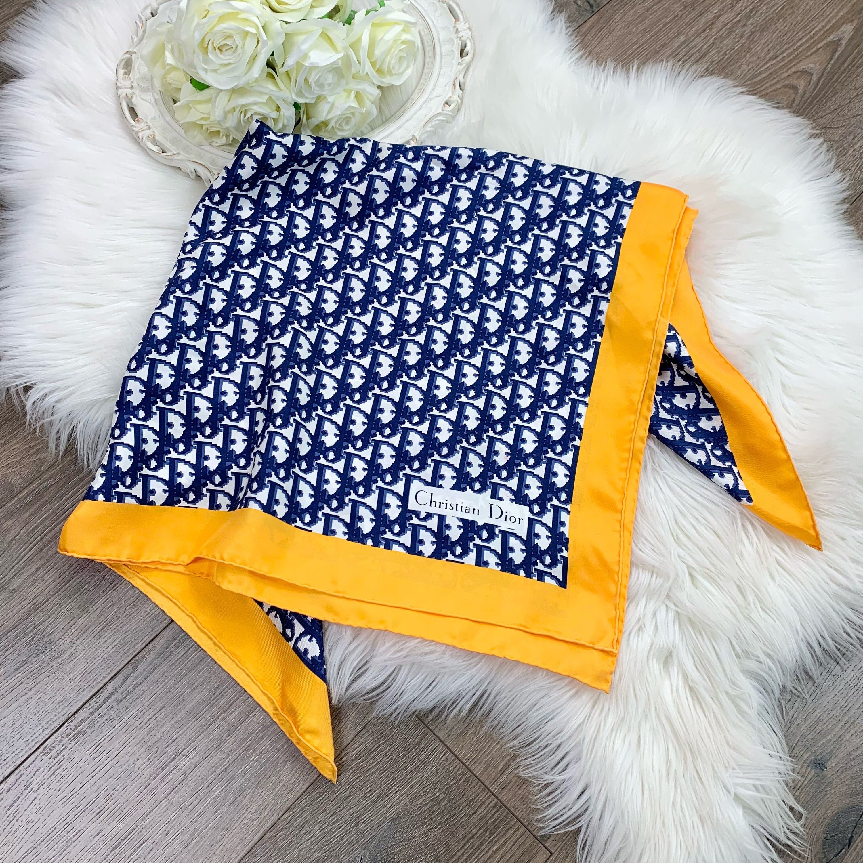 Vintage Christian Dior Pure Silk Navy and Yellow Monogram Print