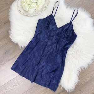 Sz S Vintage 90s Victorias Secret Navy Blue Floral Print Satin Lingerie Slip Dress