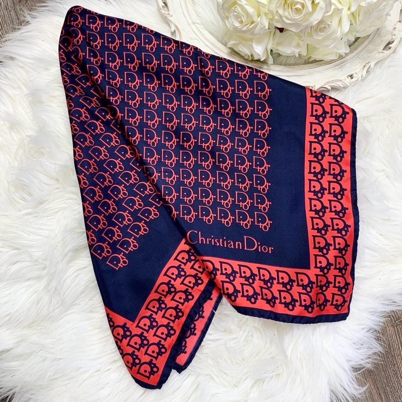 Vintage Christian Dior Pure Silk Red and Navy Monogram Print Scarf