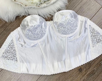 Sz 36C Vintage White Satin and Lace Lingerie Cropped Bustier Corset