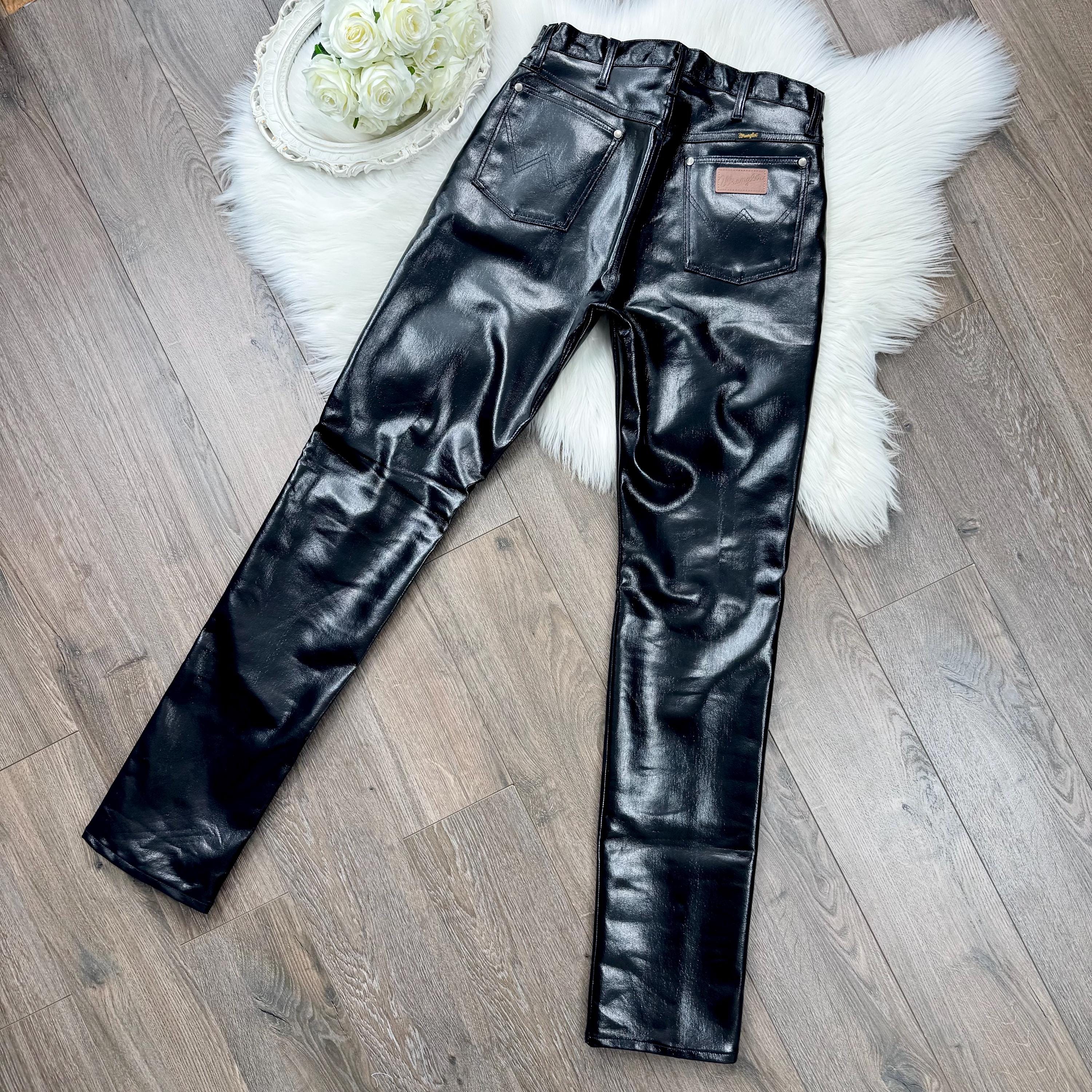 Sz 28 Vintage Wrangler Black Vinyl Pleather High Waisted Slim Fit