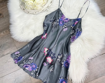 Sz S Vintage Victorias Secret Pure Silk Gray Purple Blue Floral Print Lingerie Short Slip Dress