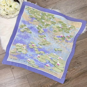 Vintage Christian Dior Pure Silk Periwinkle Monet Water Lilies Giverny Museum Scarf 29.5x29.5”