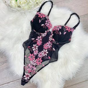 36C Vintage Y2K Victorias Secret Pink and Black Embroidered Lingerie Teddy Bodysuit