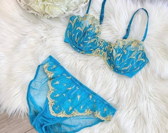 Sz 36C//M/L Vintage Victoria's Secret Blau Gold Floral bestickte Dessous BH und Panty Set