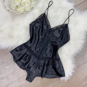 Sz S Vintage Christian Dior Silky Black Polka Dot Lingerie Teddy Bodysuit