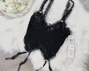 Top bustier corsé de lencería vintage Y2K Cinema Etoile de encaje negro, talla S/M.