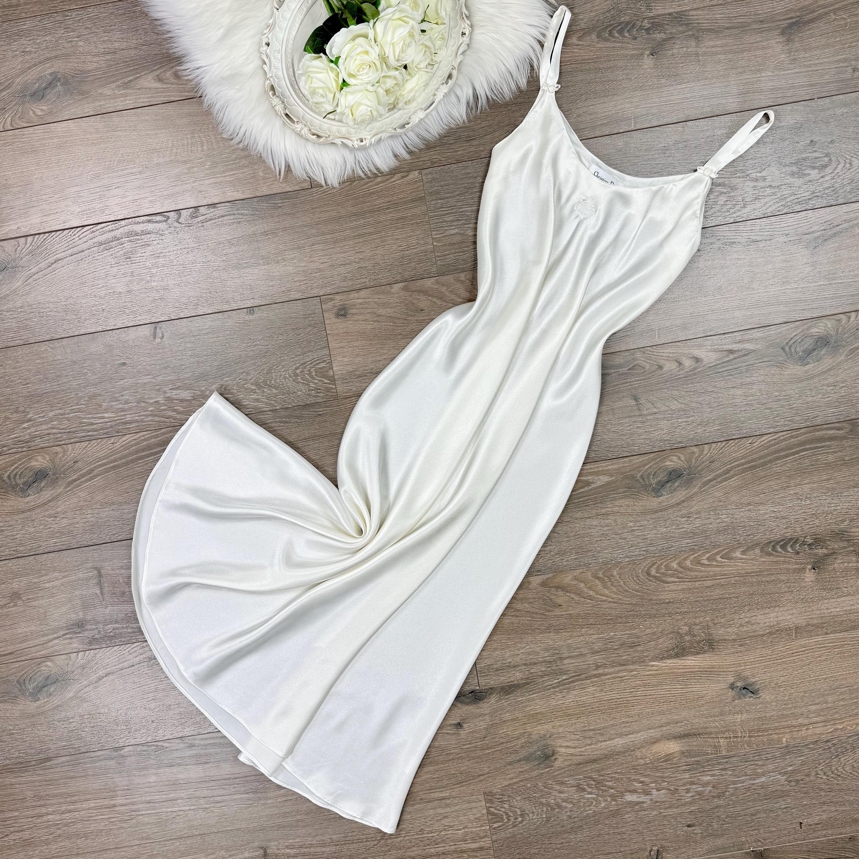90s white slip dress Satin Slip Dress: 90s Style White Summer Cocktail Dress