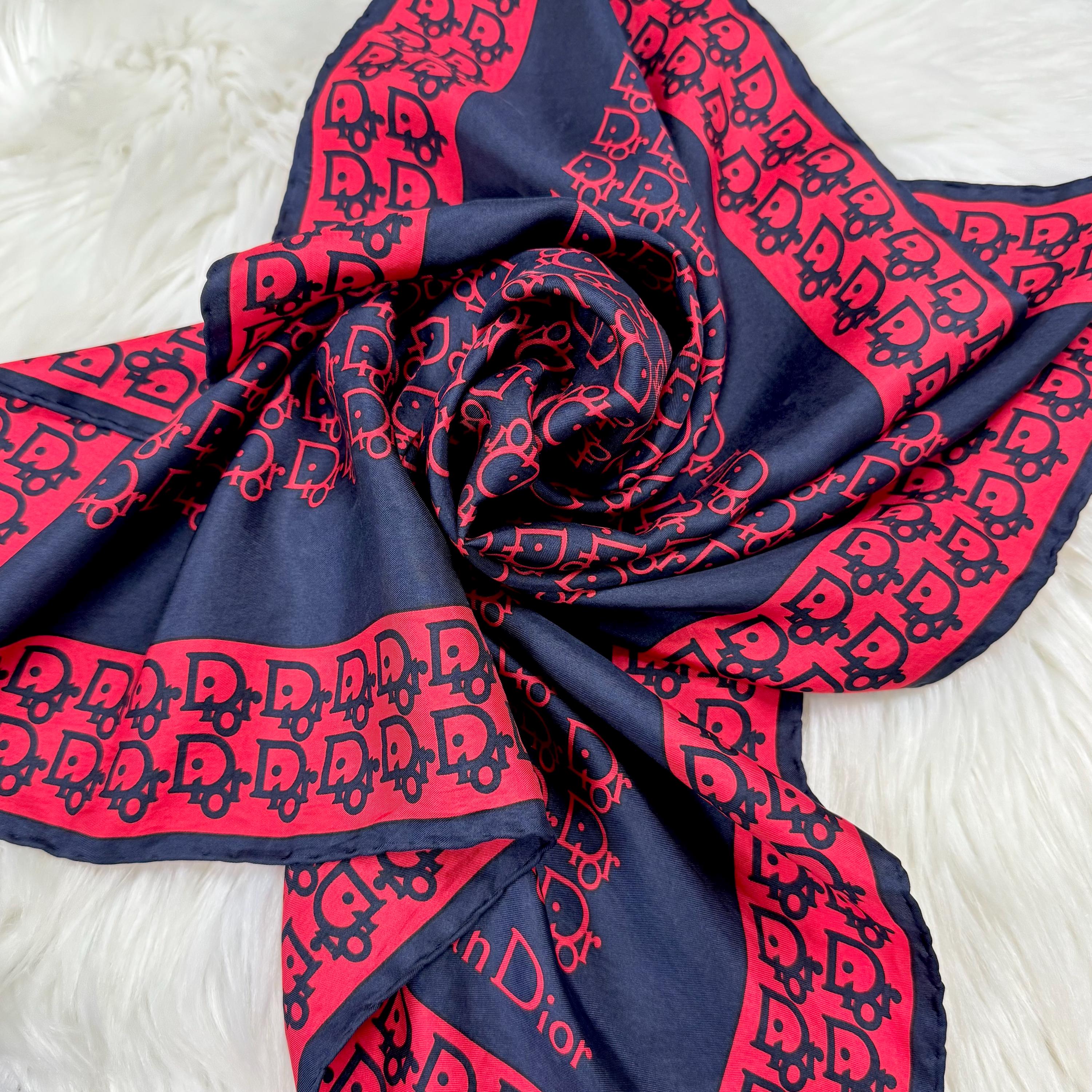 Vintage 90s Christian Dior Pure Silk Red and Navy Monogram Print