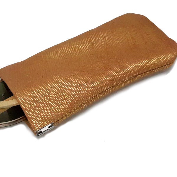 Leather Eyeglasses Case/Golden-Pink Glasses Pouch/Squeeze Frame Glasses Case/