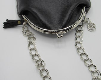 Leather Kiss lock Purse/Small Kiss Lock Purse/Black Purse on a Chain/Black and Grey Leather Clutch/Cluth on a Chain/