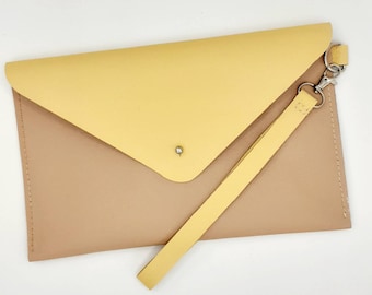 Leather Clutch Bag/Envelope  Clutch/Minimalist Clutch with Wrist Handle/Beige - Yellow Clutch/Real Leather Clutch/