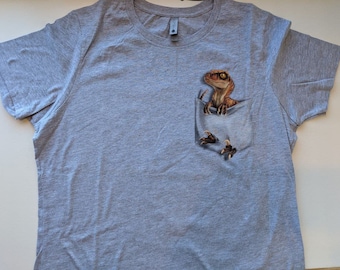 Ready To Ship! Women's 2X Ultra Soft T-Shirt: Raptor [LOST WORLD] "Pocket Protector" Mix Gray