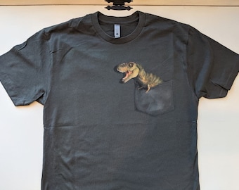 Ready To Ship! Adult Small Ultra Soft T-Shirt: Tyrant Lizard [BUCK] "Pocket Protector" Charcoal