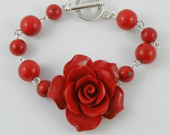 Retro rose bracelet with red riverstone gemstone beads.