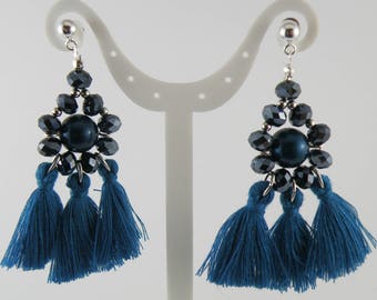 Boho teal cotton tassel earrings with Swarovski pearls.
