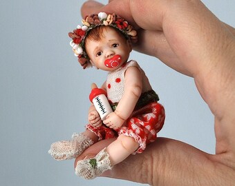 OOAK mini reborn doll -girl doll miniature, realistic tiny baby. Dollhouse miniature ooak baby dolls. Mini baby doll clothes. Dolls handmade