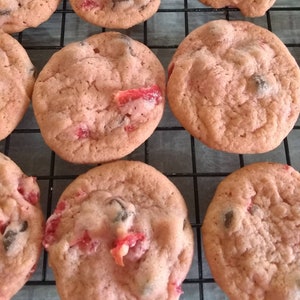 Maraschino cherry Chocolate Chip Cookie, 2 DOZEN, Baked Goods, Homemade Cookies, Cherry Cookies, Edible Gift, Birthday gift, Pink Cookies,