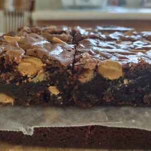 May include: A close-up of a chocolate brownie with peanut butter chips. The brownie is cut into squares and is sitting on a piece of parchment paper.