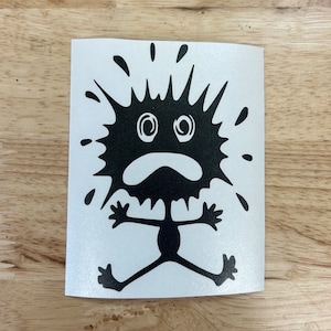 May include: Black and white sticker of a cartoon character with spiky hair, big eyes, and a sad expression. The character is in a distressed pose with arms outstretched.
