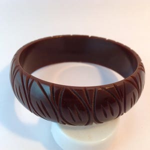 Bakelite bangle Bracelet carved rich chocolate brown image 1