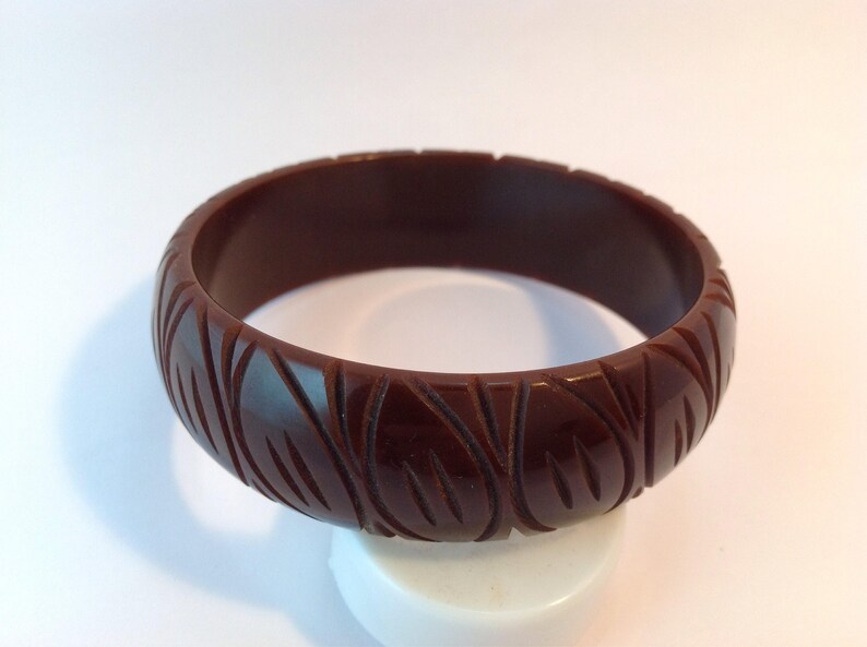 Bakelite bangle Bracelet carved rich chocolate brown image 1