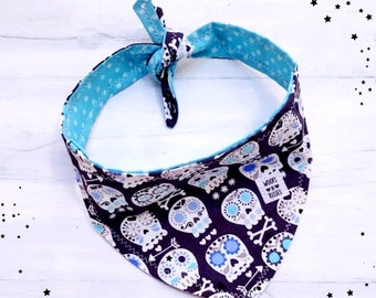 WHITE SUGAR SKULLS reversible tie around bandana with straps or over the collar without straps