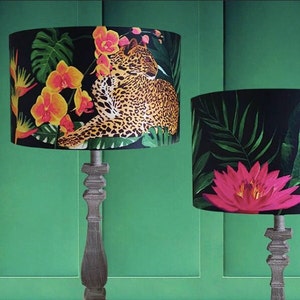 Tropical Flowers and Leopard Lampshade, Dark Background, Colourful, Bold, botanical, Silk, Plants, Jungle Interiors, Animals, Hot Pink Decor