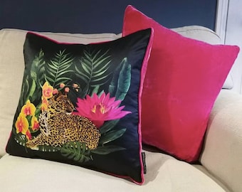 Tropical Leopard Cushion, Hot Pink, Dark Background, Nature, Jungle, Plants, Animals, Emerald Green, Bold, botanical, Wild Cat