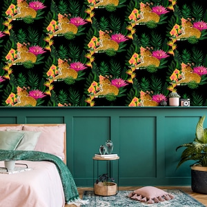 Sample - Dark Background Tropical Leopard Wallpaper, Flowers, Foliage, Leafy, Leaves, Exotic, Animals, Botanical, Plants, Green, Pink