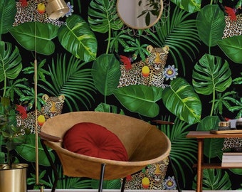 Samples: Tropical Print Leopard Wallpaper, Emerald Green, Botanical, Bold, Foliage, Leafy, Leaves, Plants, Dark Background, Jungle