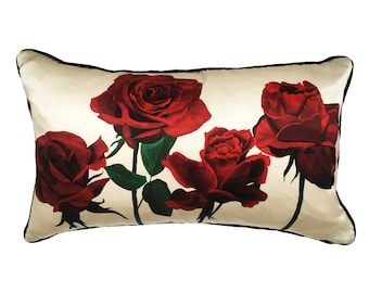 Red Rose Cushion, Floral, Romantic, Chic, Valentine’s Day, jewel toned, luxury, stylish, Rich red, Boudoir style, rectangular, Love, Roses