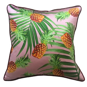 Blush Pink Pineapple and Palm Cushion, Pastel, Soft Pink, Light Pink, Fruit Cushion, Tropical, Interior Decor, Homewares, Plants, coastal