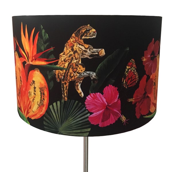 Animals Lampshade, Bold, botanical, Wild cats, Dark Background, Rich Colours, Plants, Tropical, Exotic, Jungle, Fruit