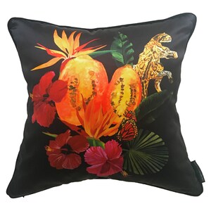 Tropical Cushion, Exotic, Animals, Jungle, Fruit, Flora, Leafy, Dark Background, Luxury, Silk, Decor, Botanical, Painted, Plants, Homewares