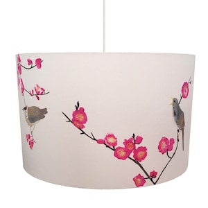 Cherry Blossom, Oriental Birds and Flowers Ceiling Pendant, Shade, Hot Pink, Interior Decor, Home Decor, Large, Drum Shade, Silk, Floral