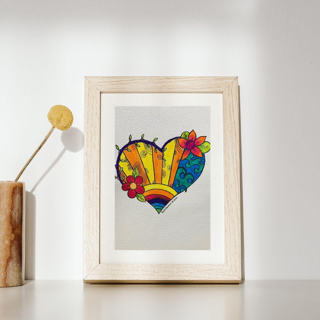 Heart Drawing with Ocean, Sunrise & Flowers – Original Symbolic Art, Nature-Inspired Gift, 8x10 Matted Artwork