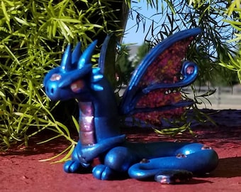 Blue Iridescent Dragon – statue, sculpture, polymer clay, unique gift, fantasy, creature, medieval, personalized, figurine, dragonkin, rpg