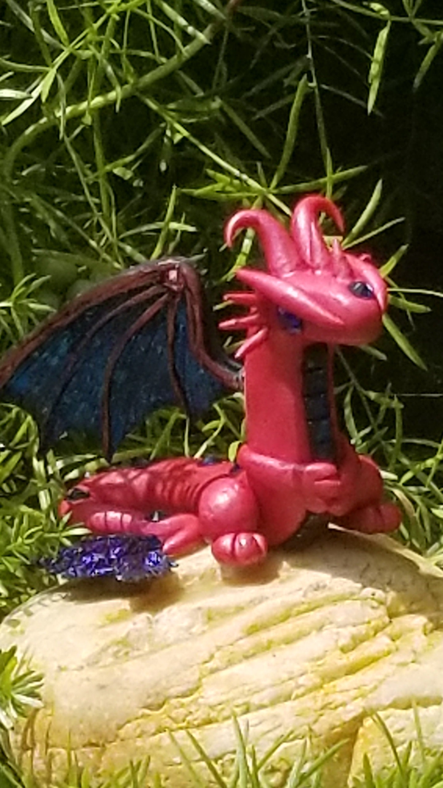 Pink Dragon Blue Wings, Statue, Sculpture, Polymer Clay, Unique Gift