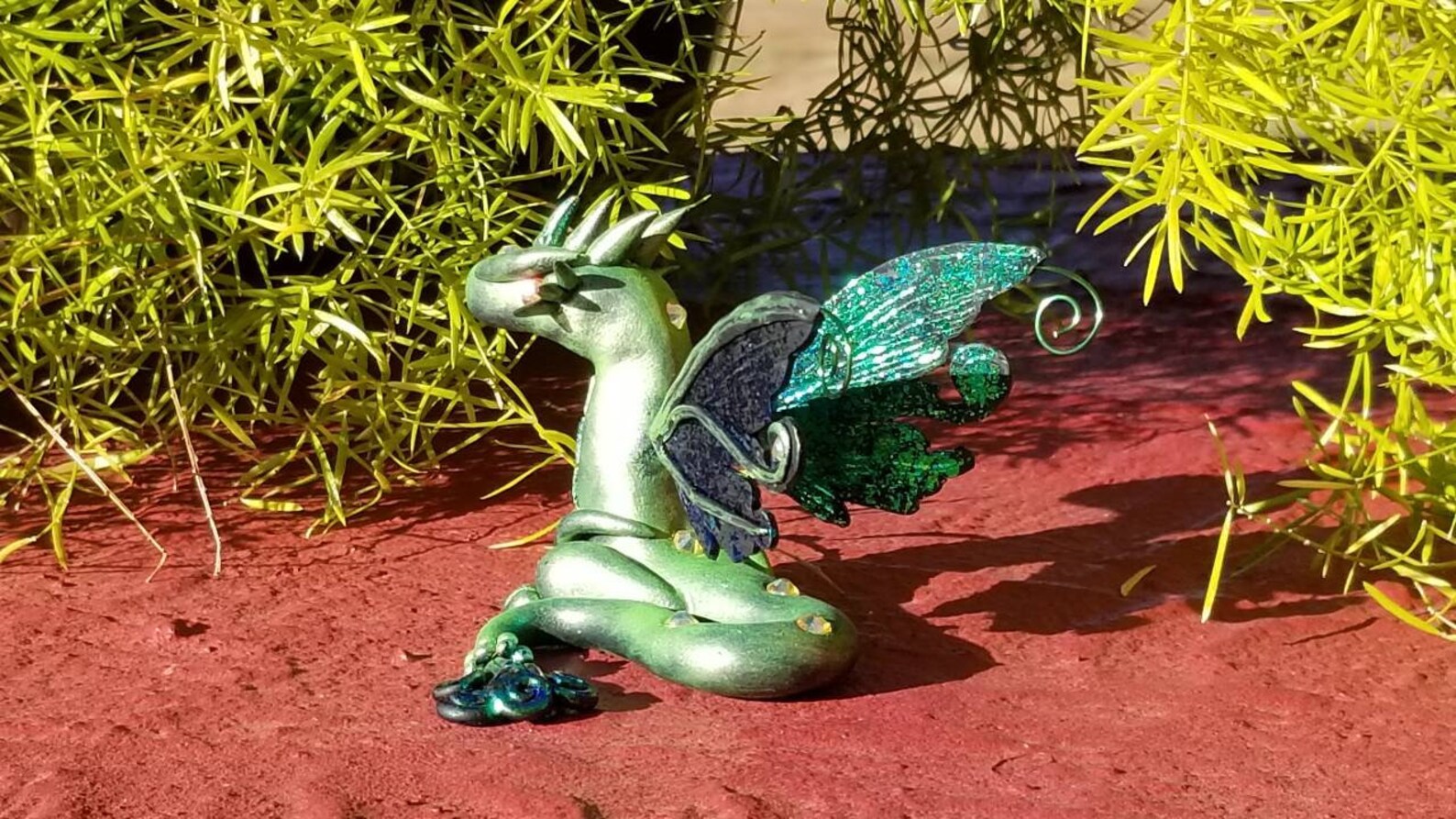Green Iridescent Dragon Statue, Sculpture, Polymer Clay, Unique Gift