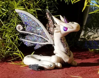 Snow (Pearl) Dragon – statue, sculpture, polymer clay, unique gift, fantasy, creature, medieval, personalized, figurine, dragonkin, rpg
