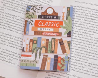 Book Lover Birthday Card: Classic Literature Bookshelf Design