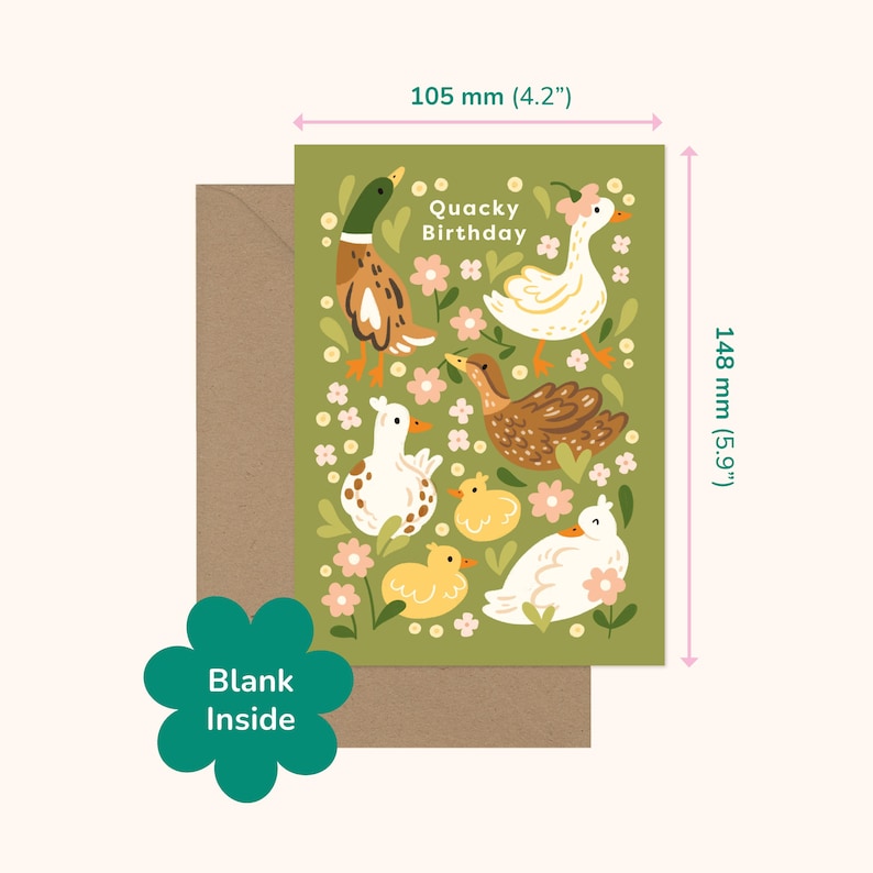 Illustrated duck birthday card with kraft envelope, showing card dimensions of 105mm by 148mm and a green badge reading ‘Blank Inside’.