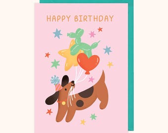 Sausage Dog Birthday Card, Dachshund with Balloons Gift