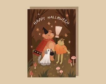 Cute Halloween Card | Adorable Illustrated Animals in Fancy Dress Costumes – Perfect for Spooky Season Greetings & Halloween Parties