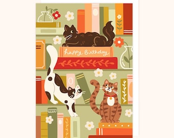 Cat and Book Birthday Card: Cosy Bookcase Design for Cat Lovers