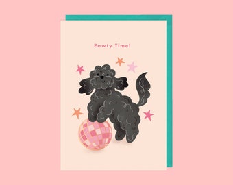 Cockapoo Pawty Time Birthday Card | Black Poodle Dog Birthday Card A6 | Unique Illustrated Dog Birthday Card | Disco Birthday Card A6