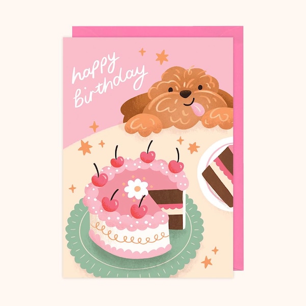 Dog Birthday Card | Cockapoo, Golden Doodle, Labradoodle Cake Illustration (A6)
