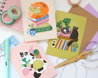 Cute Cats Postcard Pack | Cat Postcards Set | Crochet Reading Crafts Crochet, pen pal, digital art, cute, cat