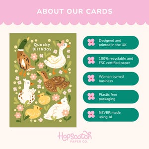Information card showing a ‘Quacky Birthday’ duck illustration greeting card alongside text highlighting eco-friendly and ethical features: designed and printed in the UK, 100% recyclable FSC paper, woman-owned business, plastic-free packaging, and never made using AI.